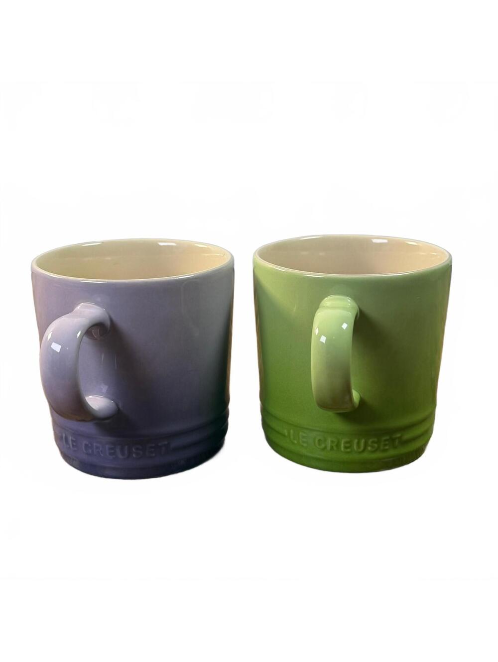 Le Creuset Stoneware Mugs Set of 2 Purple Green 350mL 12oz Coffee Cups EUC